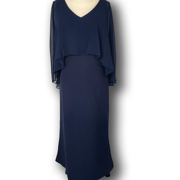 Lauren Ralph Lauren Navy Chiffon Cape Overlay Evening Gown Size 14 - Picture 2 of 4